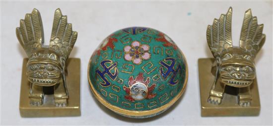 A Chinese cloisonne enamel incense box and cover & a pair of seals